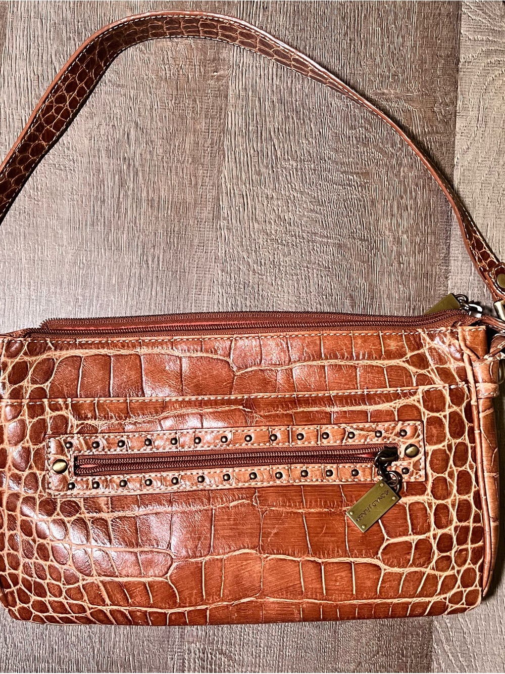 Donald J Pliner gator croc embossed studded shoulder bag Y2K